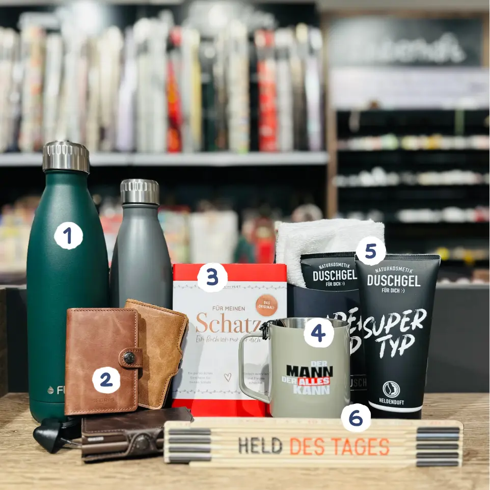 Geschenke für Männer, Thermosflaschen, Kreditkartenwallets, Buch, Tasse, Zollstock, Duschgel