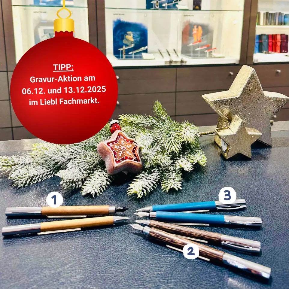 Füller und Kugelschreiber, Hinweis auf Gravur-Aktion im Fachmarkt