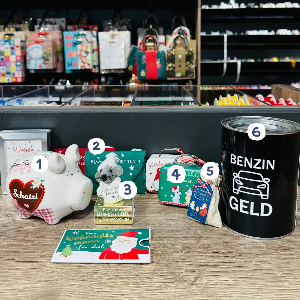 Präsentation mit diversen Produkten für Geldgeschenke